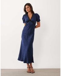 Nobody's Child - Nicolette Satin Plunge Neck Lace Detail Cap Sleeve Slip Dress - Lyst