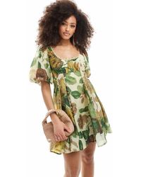 ASOS - Vestito Corto Con Maniche A Sbuffo E Scollo Quadrato Verde A Fiori Con Inserto - Lyst