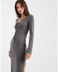 ASOS - Ribbed Long Sleeve Tie Front Midi Dress - Lyst