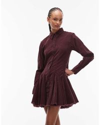 ASOS - Vestido Camisero Burdeos Lavado Con Cintura Entallada Y Falda De Godets De Pana De -Rojo - Lyst