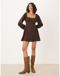 ASOS - Cord Square Neck Gather Bust Mini Dress With Volume Sleeve And Lace Trims - Lyst