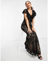 Goddiva Fishtail Lace Maxi Dress - Black