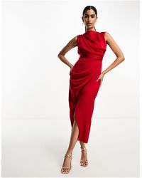 ASOS - Satin Drape Midi Dress With Wrap Skirt - Lyst