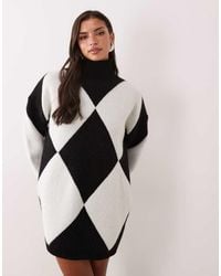 Aria Cove - High Neck Diamond Check Knitted Mini Dress - Lyst
