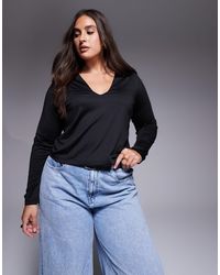 ASOS - Asos design curve - top à manches longues en tissu double épaisseur avec décolleté plongant en v - Lyst