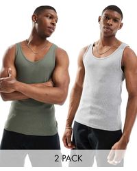 ASOS - Set Van 2 Basic Geribbelde Muscle Fit Hemdjes - Lyst