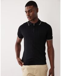 Mango - Ribbed Knit Quarter Zip Polo With Contrast Trim - Lyst