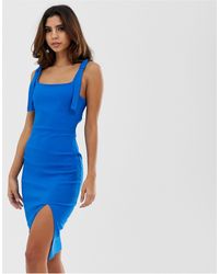Vesper Square Neck Split Front Bodycon Dress - Blue