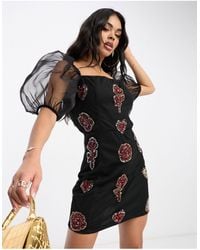 LACE & BEADS - Exclusive Sheer Puff Sleeve Bodycon Mini Dress - Lyst