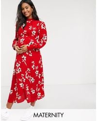 new look split detail midi dress in red floral pattern