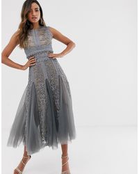 Bronx and Banco Bronx & Banco Megan Grey Lace Embroidered Midi Dress - Gray