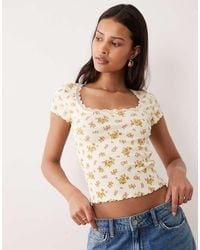 Miss Selfridge - Square Neck Lace Trim Short Sleeve Top - Lyst