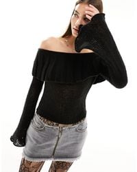 Reclaimed (vintage) - Fine Knit Off Shoulder Top With Flute Sleeves - Lyst