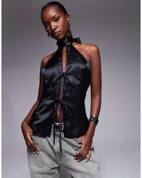 ASOS - High Neck Tie Front Satin Top - Lyst