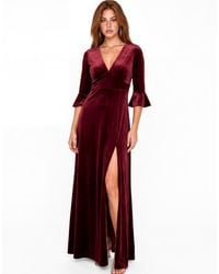 Maya - V Neck 3/4 Flute Sleeve Velvet Maxi Dress - Lyst