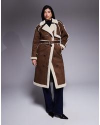 Aria Cove - Faux Suede Shearling Look Trim Belted Longline Coat - Lyst