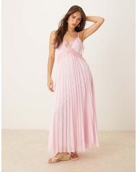 ASOS - Vestido Midi Azul Pastel Plisado De Tirantes Con Cuello De Pico Y Ribete De Encaje De - Lyst