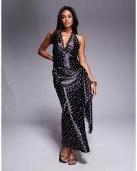 ASOS - Printed Satin Draped Maxi Dress With Lace Detail - Lyst