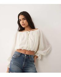 The Frolic - Exclusive Chiffon Lace Up Detail Balloon Sleeve Bardot Blouse - Lyst
