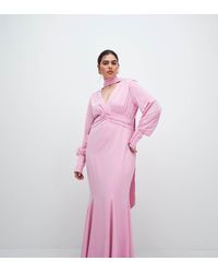 Pretty Lavish Curve - Scarf Detail V-neck Deep Cuffs Satin Maxi Dress - Lyst