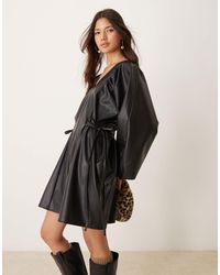 ASOS - Leather Look Side Tie Volume Smock Dress - Lyst