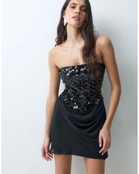 TFNC London - Floral Sequin Bandeau Mini Dress With Chiffon Drape Detail - Lyst