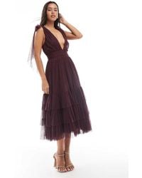 LACE & BEADS - Bridesmaid Tulle Bow Shoulder V Neck Midi Dress - Lyst