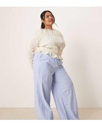 Vila Curve - Gestreepte Broek Met Hoge Taille, Wijde Pijpen En Boorden Met Omslag - Lyst