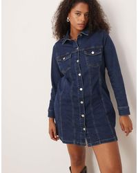 ASOS - Asos design curve - robe chemise courte en jean coupe ajustée avec manches longues - bleu délavé - Lyst