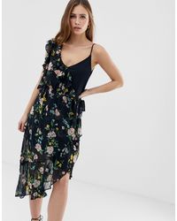 Bershka Bloemige Jurk Met Één Mouw - Zwart