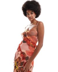 ASOS - Asos design tall - robe longue en tulle à épaules dénudées et détail à volants - rose à imprimé fleurs oversize - Lyst