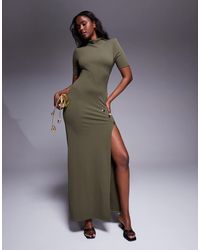 ASOS - High Neck Maxi Pencil Dress With Short Sleeves And Large Gold Button Detail Split - Lyst