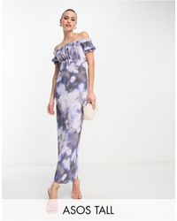 ASOS - Asos design tall - robe mi-longue tendance folk à encolure carrée nouée et imprimé floral - bleu - Lyst
