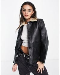 Object - Leather Jacket With Borg Collar - Lyst