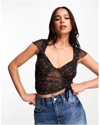 ASOS - Mesh Mix Short Sleeve Top With Ruching - Lyst