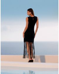 ASOS Graphic Beaded Fringe Plunge Midi Dress in Gray | Lyst