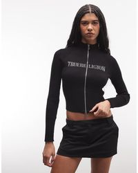 TRUE RELIGION - Crystal Logo Turtleneck Zip Through Sweater - Lyst