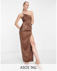 ASOS - Asos design tall - robe asymétrique mi-longue satinée à bretelles fines avec fente - Lyst