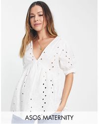 ASOS - Maternity Broderie Smock Top With Peplum Hem & Puff Sleeve - Lyst