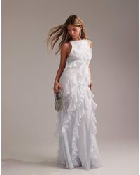 ASOS - Vestido De Dama De Honor Largo Azul Pastel De Corte Al Bies Con Cuello De Nadadora Y Volantes De - Lyst