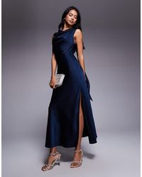 ASOS - Satin Drape Neckline Midi Dress With Long Tie Back Detail And Split - Lyst