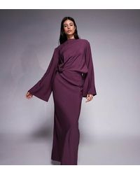 ASOS - Vestido Largo Color Ciruela De Manga Larga Y Corte Al Bies Con Detalle Recogido En La Cintura De Asos Design Tall-Rojo - Lyst