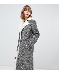 Stradivarius Contrast Shearling Long Line Coat In Check Print - Gray