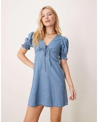 ASOS - Soft Denim Puff Sleeve Mini Dress With Frill Detail - Lyst