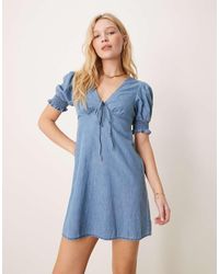 ASOS - Soft Denim Puff Sleeve Mini Dress With Frill Detail - Lyst
