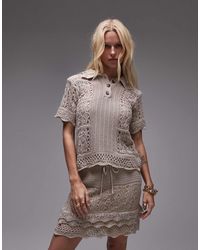 TOPSHOP - Knitted Pointelle Stitch Polo Top - Lyst
