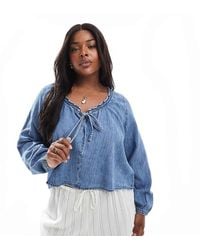 ASOS - Asos Design Curve Denim Balloon Sleeve Blouse With Linen - Lyst