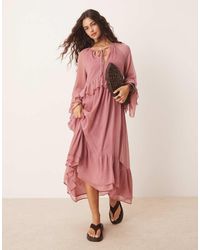 New Look - Maxi Jurk Van Chiffon Met Volant En Lange Mouwen - Lyst