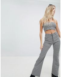 Honey Punch Wide Leg Pants With Zip Front Mini Check Co-ord - Multicolour