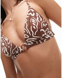 TOPSHOP - Top Bikini A Triangolo Color Cioccolato Con Stampa Astratta A Fiori E Finiture Ad Anello - Lyst